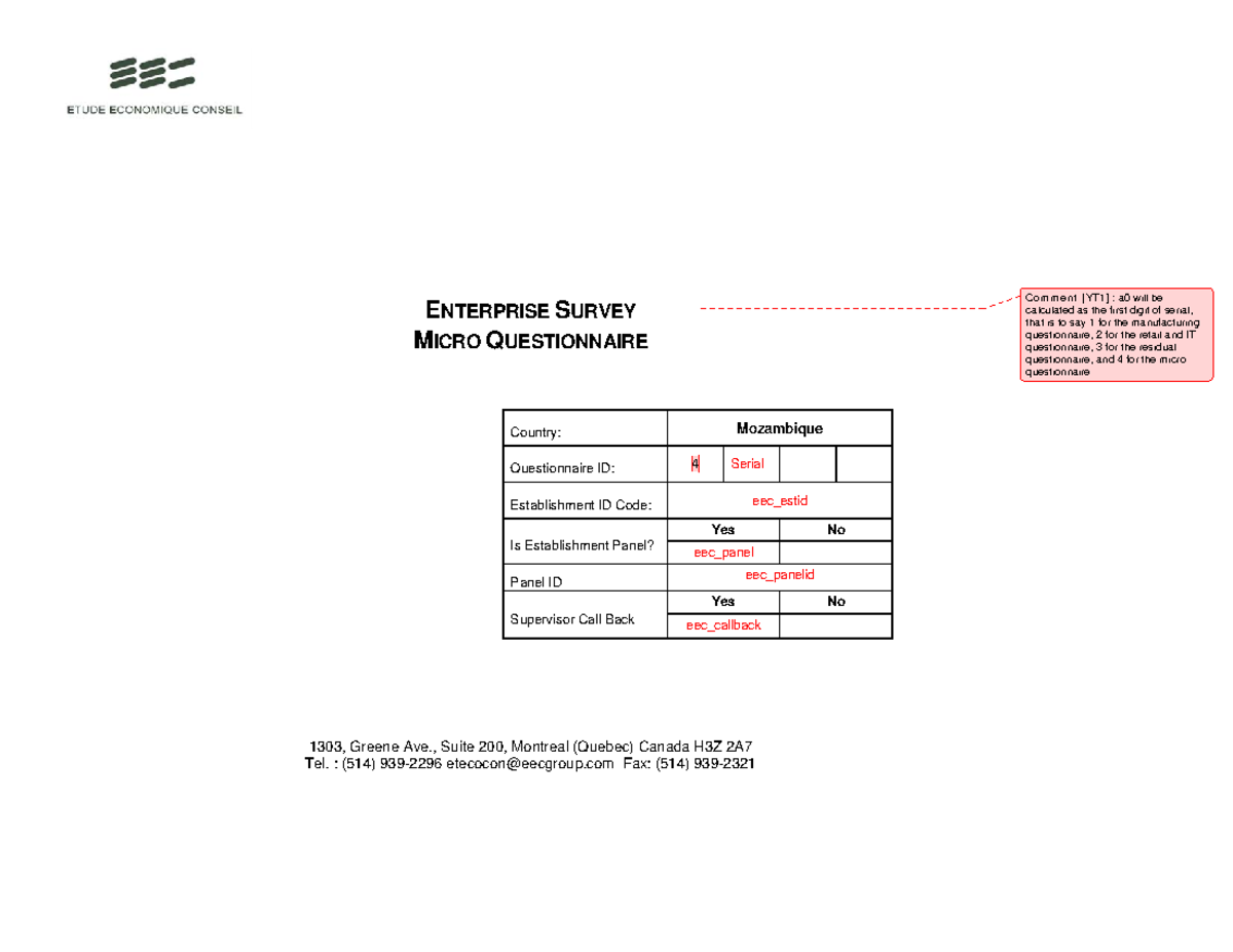 ES-Eng - Micro Enterprise Survey Questionnaire - Mozambique - Studocu