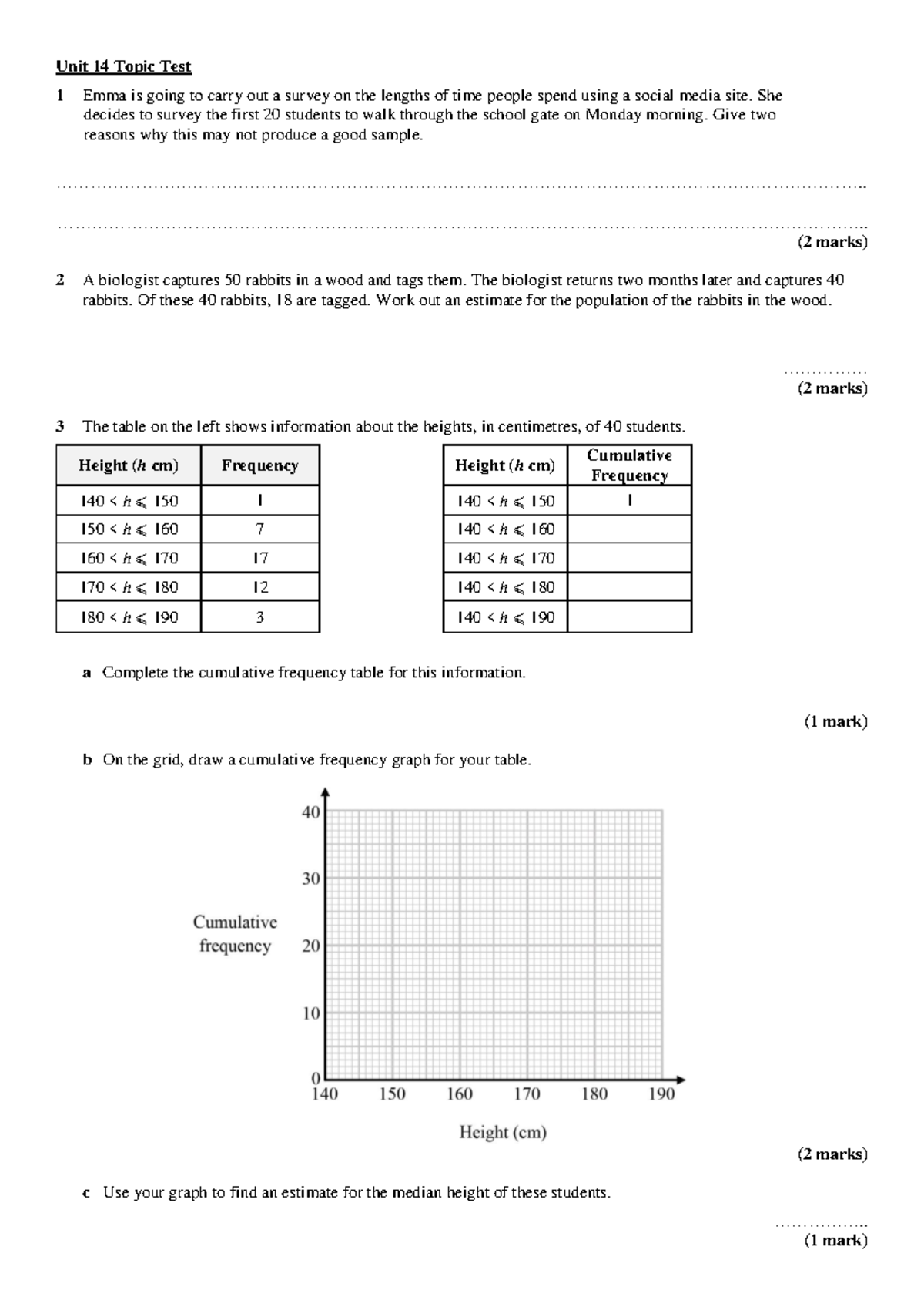 Unit 14 Topic Test - Statistics Unit Assessment and Analysis - Studocu