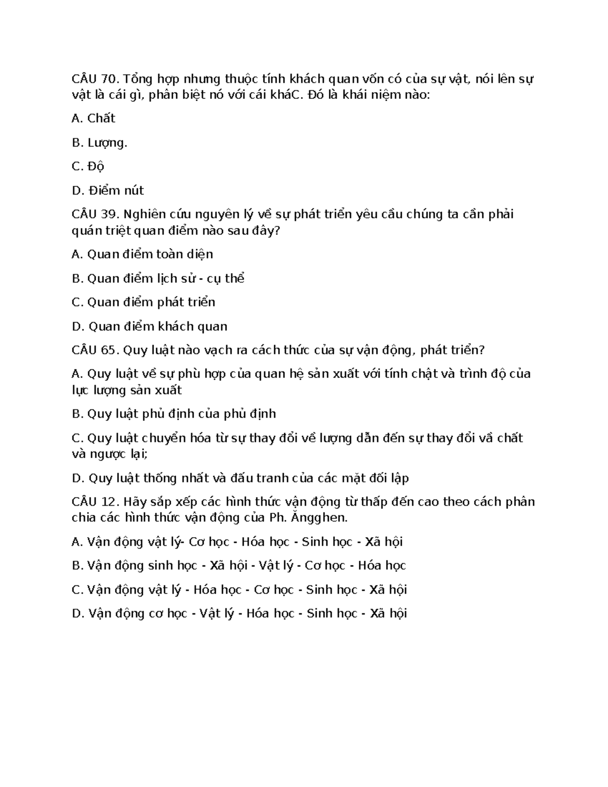 100 Câu Trắc Nghiệm Triết Học Mác - Lênin (CÂU 1-100) - Studocu
