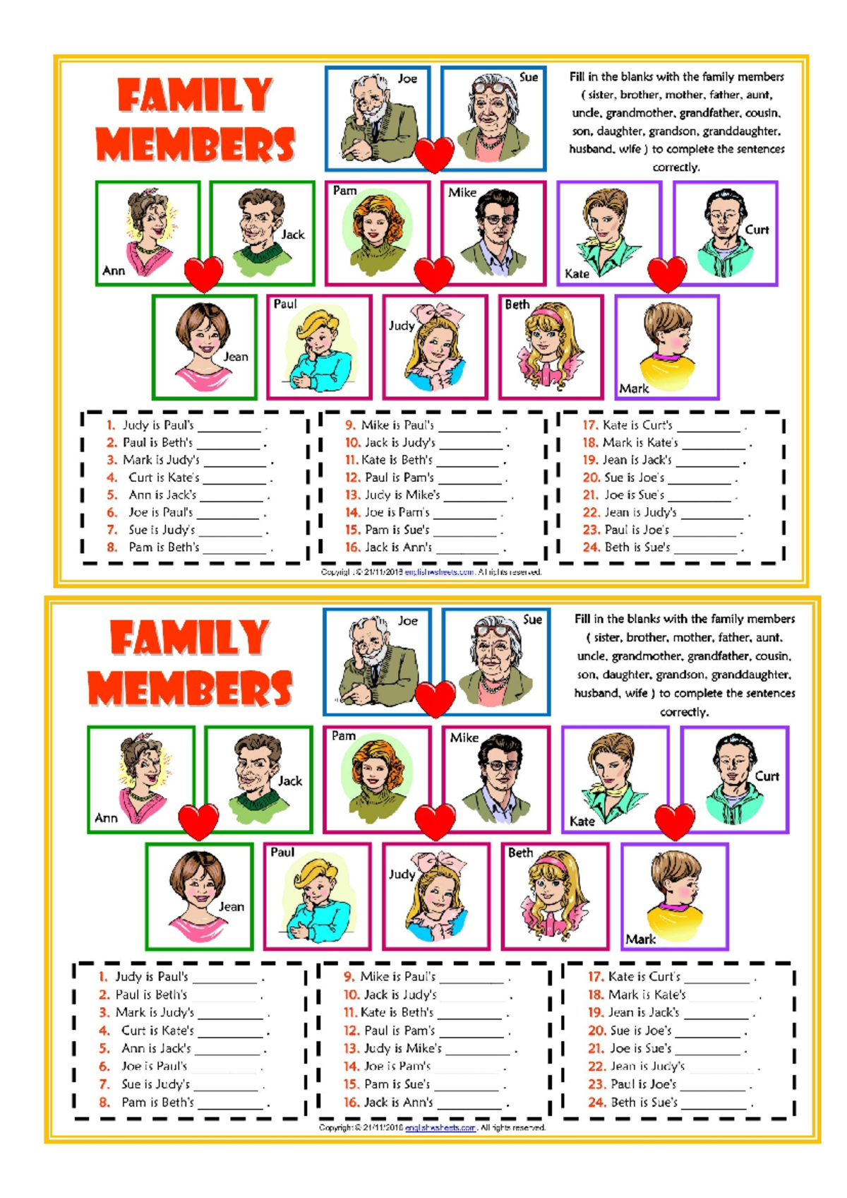 Family menbers 1ro secundary - Joe Sue Fill in the blanks with the ...