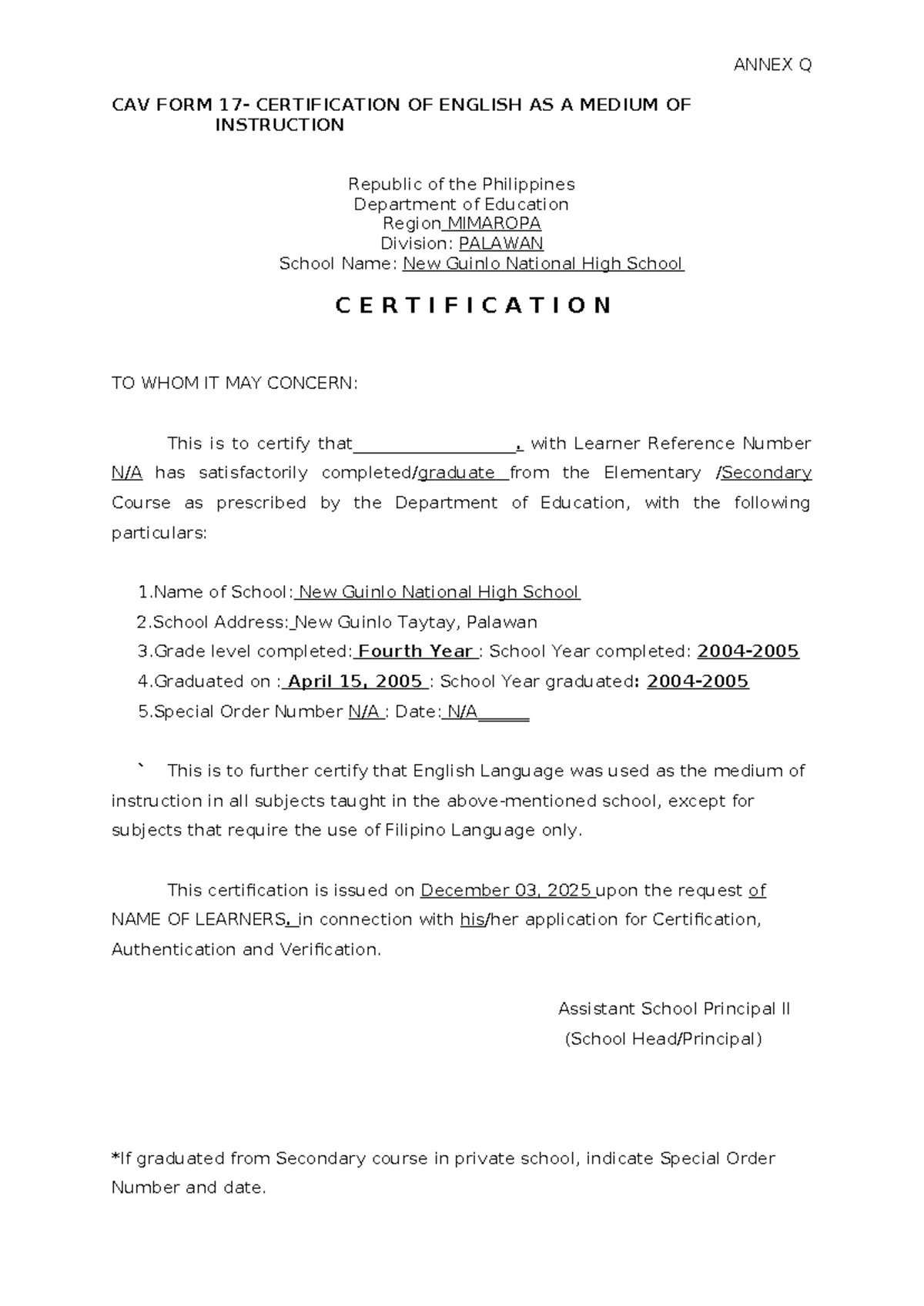 CAV FORM 17: Certification of English as Medium of Instruction - Studocu
