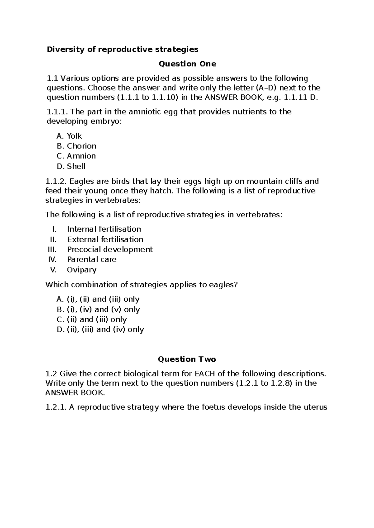 LG Diversity of Reproductive Strategies: Exam Questions & Answers - Studocu