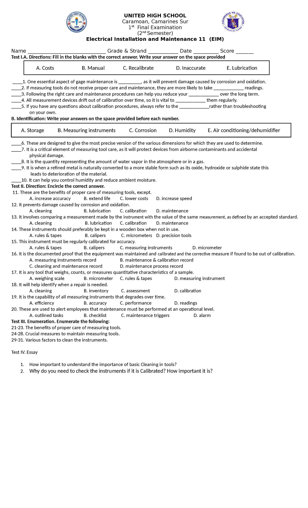 EIM 11 Final Exam - Electrical Installation & Maintenance 2nd Sem - Studocu