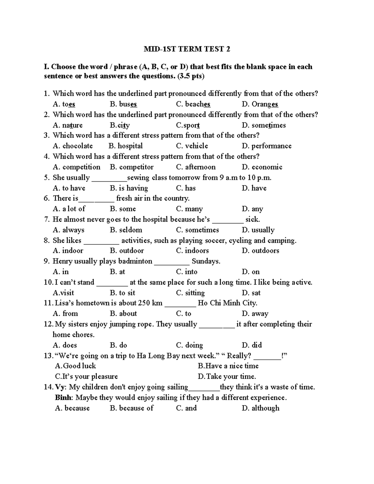 TERM TEST 2: Vocabulary and Comprehension Practice - Studocu