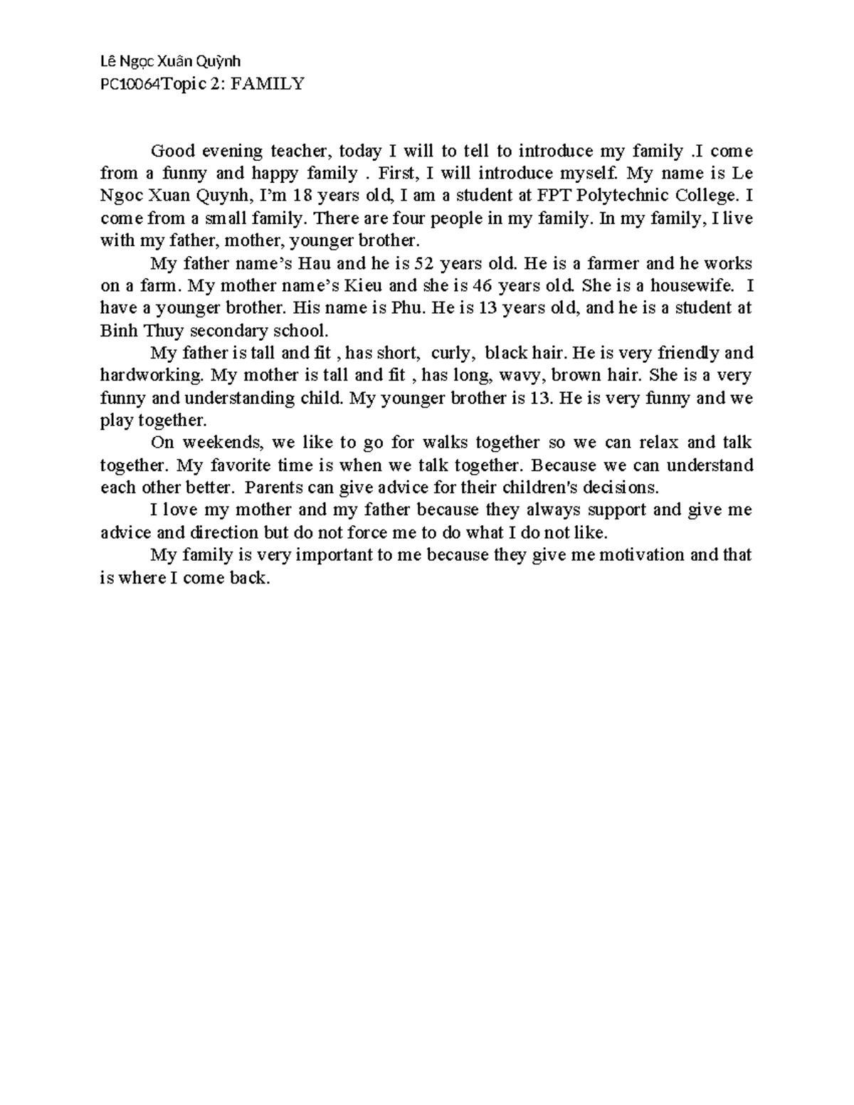 PC10064: Family Introduction Essay by Lê Ngọc Xuân Quỳnh - Studocu