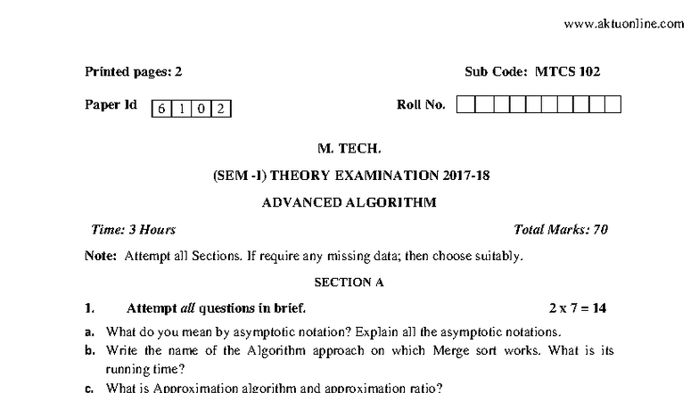 M.Tech 1st Sem Advanced Algorithms MTCS 102 Exam Paper 2018 - Studocu