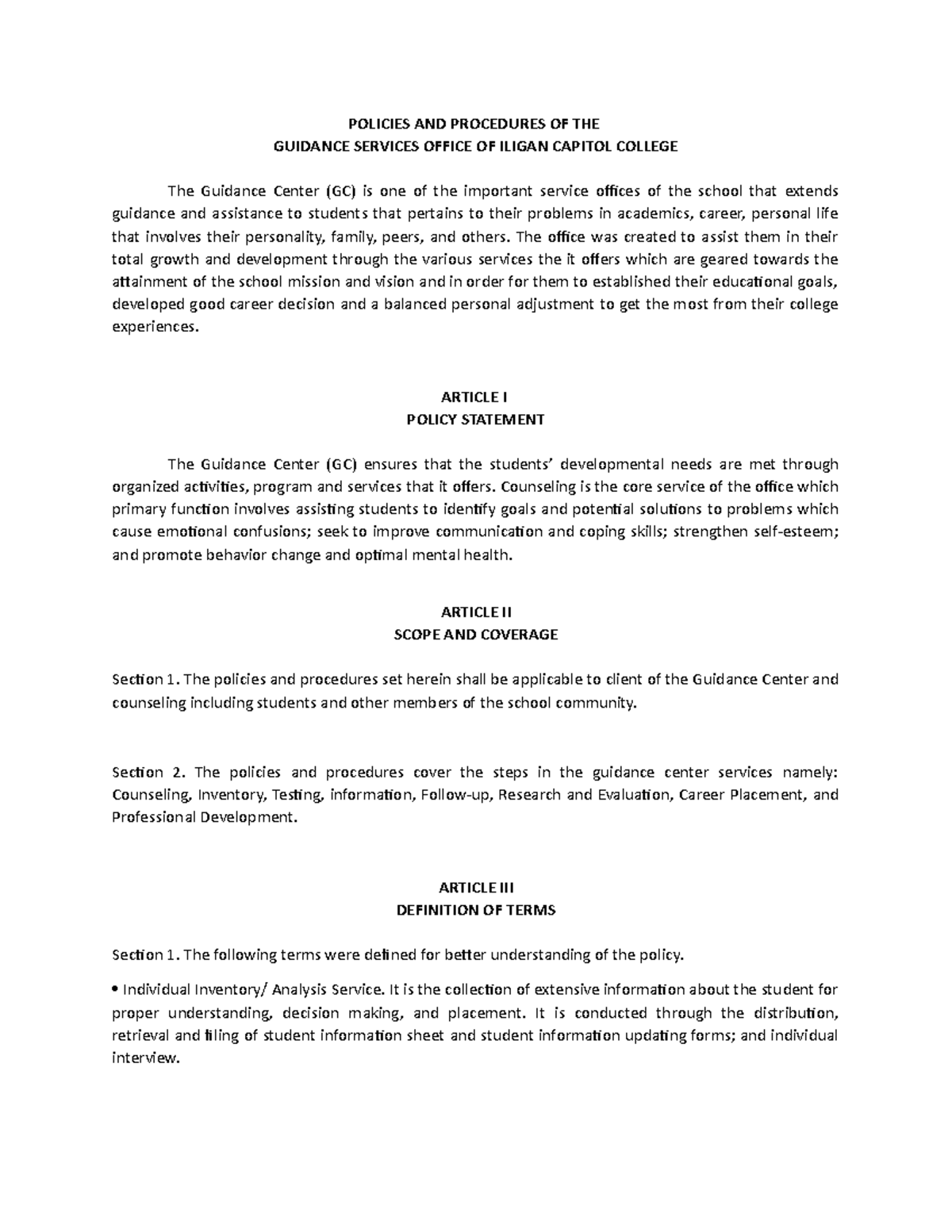 Policies and Procedures for Guidance Services Office at ICC - Studocu