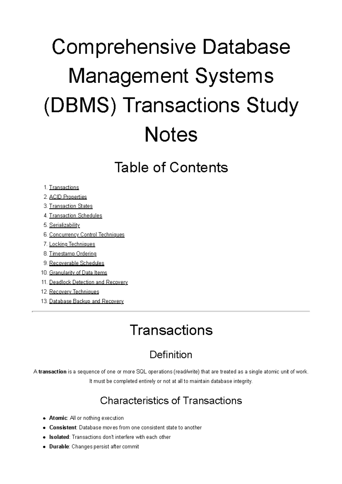 DBMS Transactions Complete Study Notes: Key Concepts & Techniques - Studocu