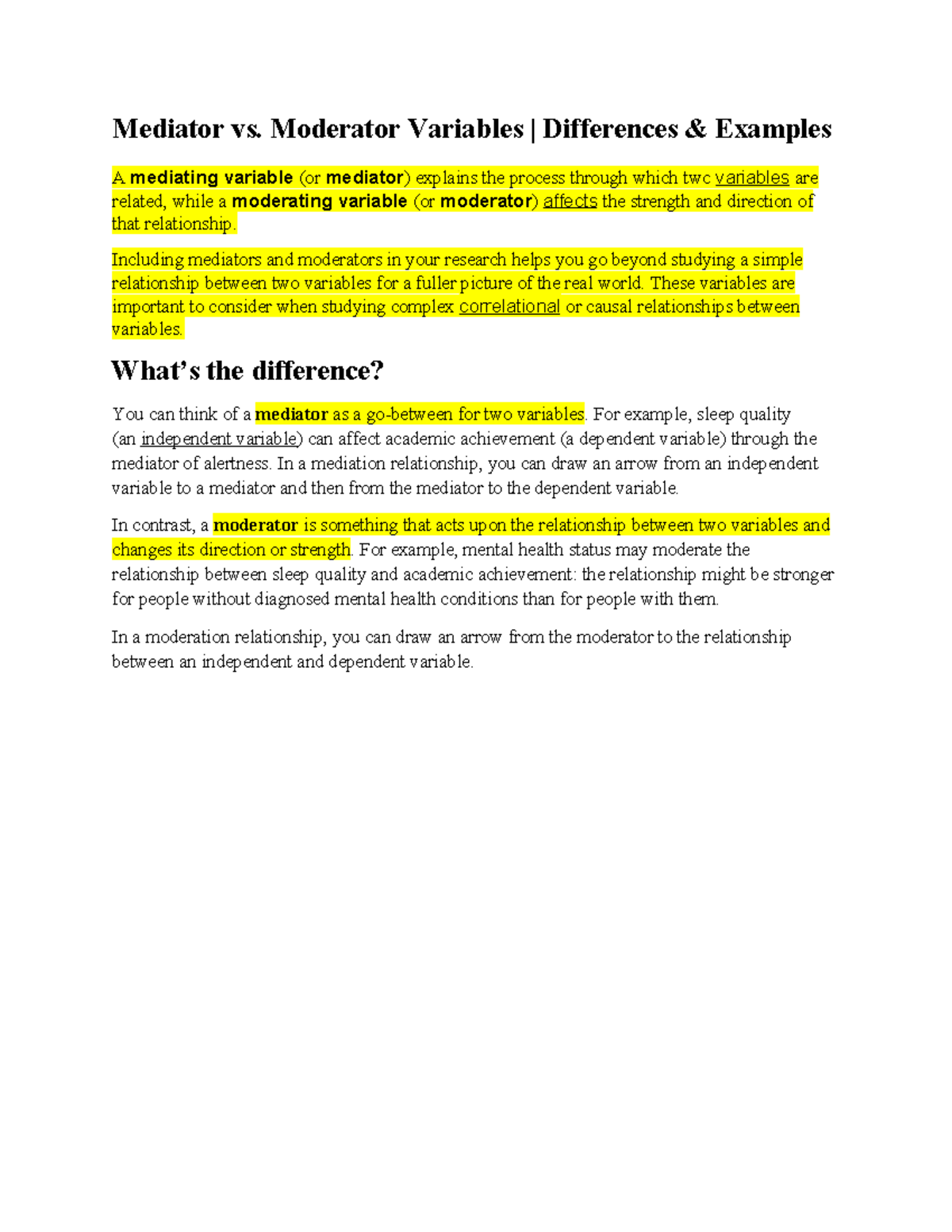 Mediator vs. moderator variables: key differences and examples - Studocu