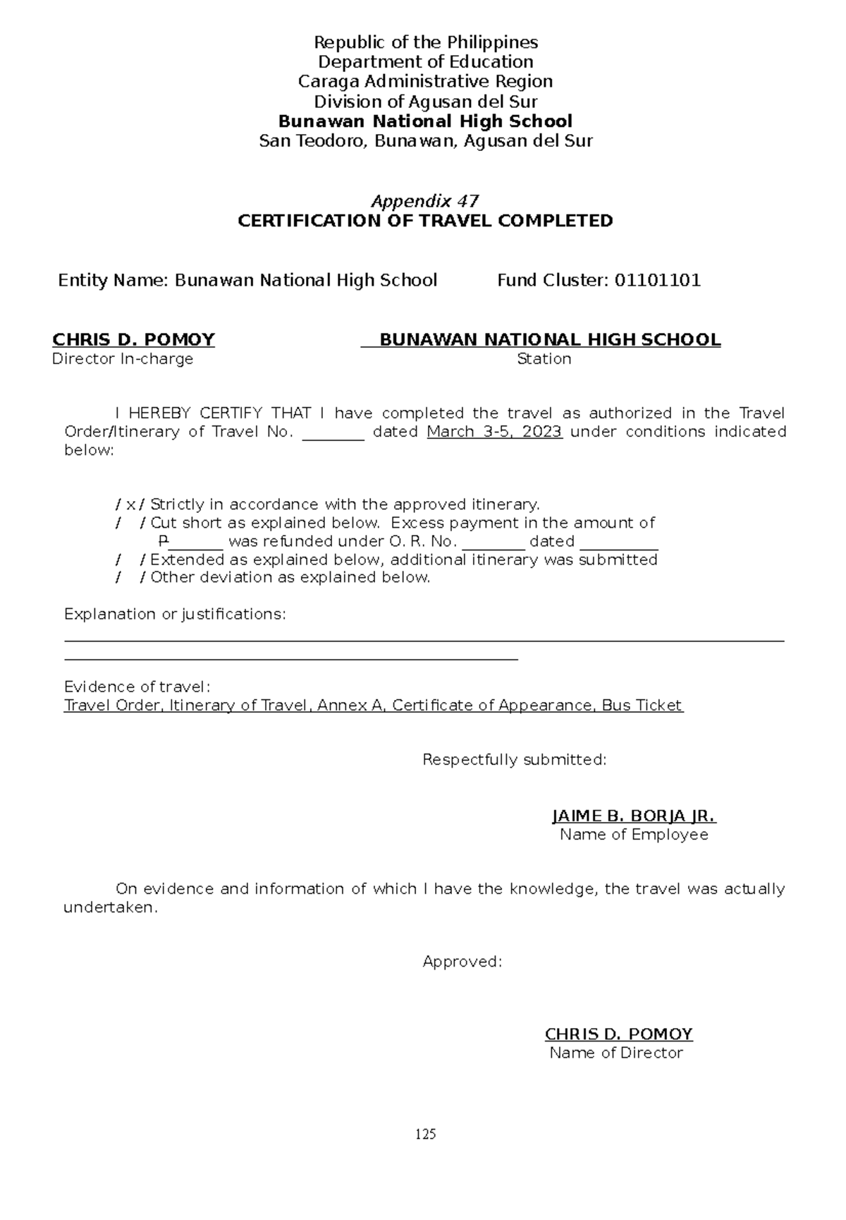 Appendix 47 - Certification of Travel Completed - Bunawan NHS - Studocu