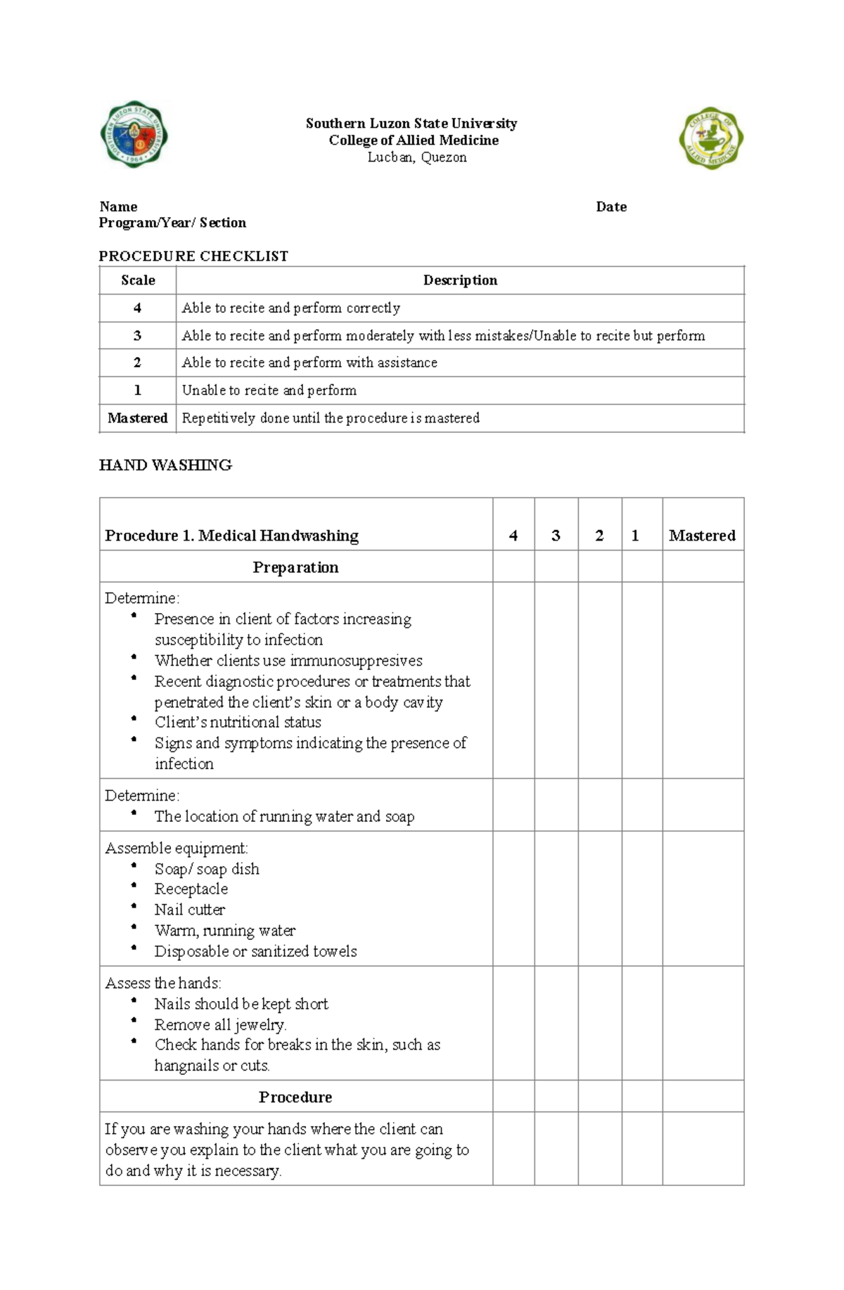 Hand Washing Technique Checklist - Allied Medicine Procedures - Studocu