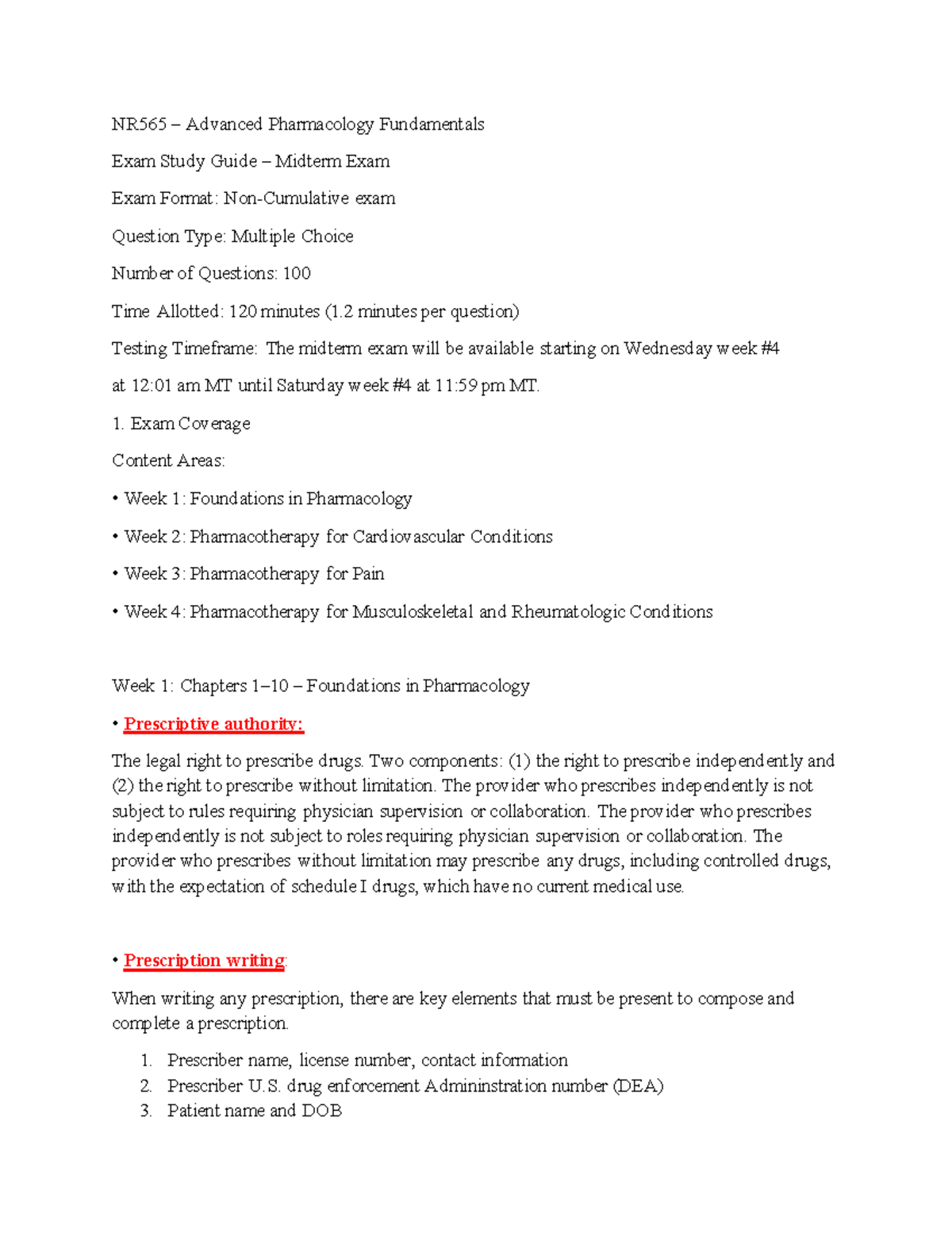 NR565 Advanced Pharmacology Midterm Exam Study Guide - Studocu