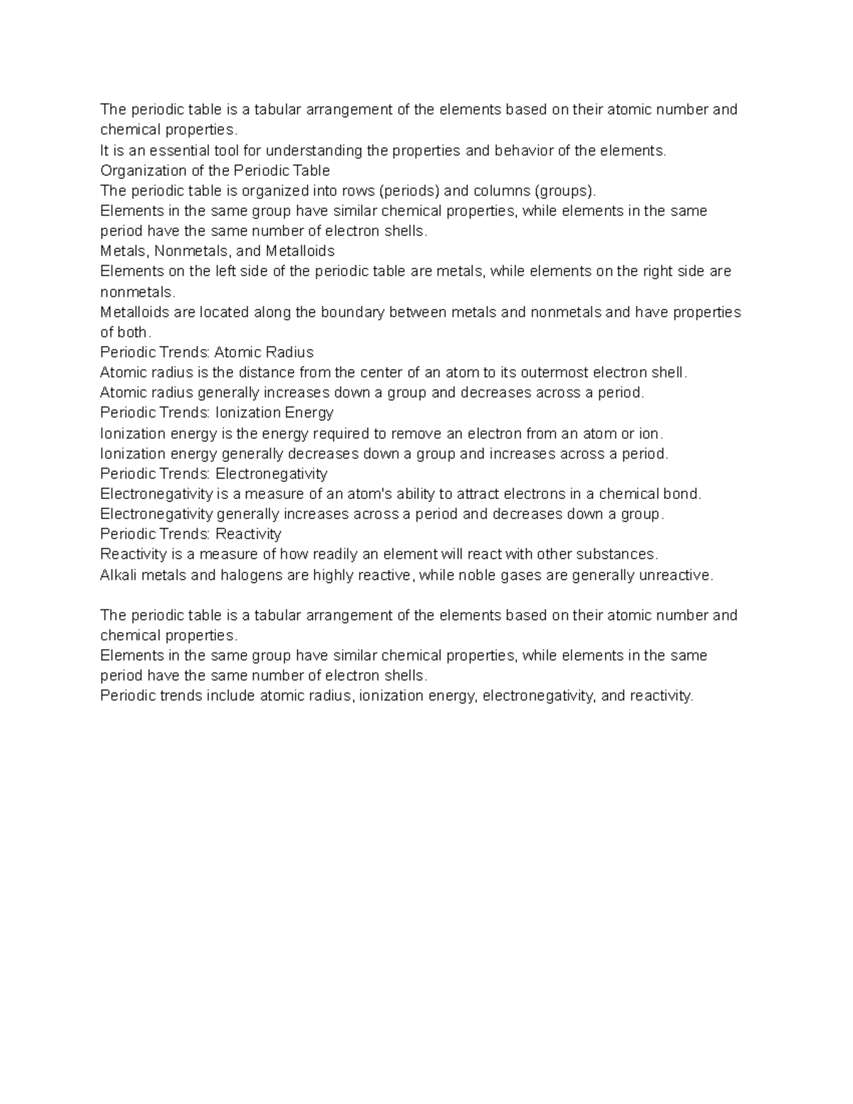 The Periodic Table and Periodic Trends Notes - The periodic table is a ...