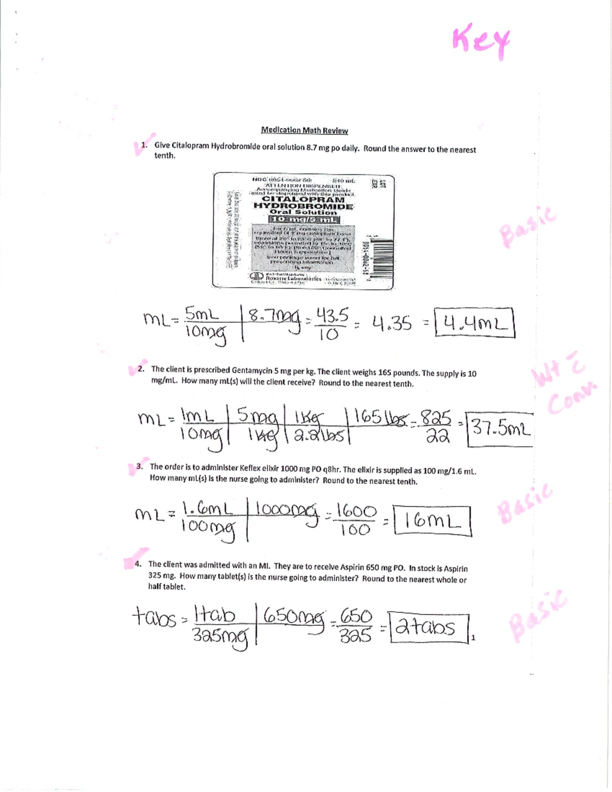 Med Math Review Key - key answer - Key Medication Math Review 1. Give ...