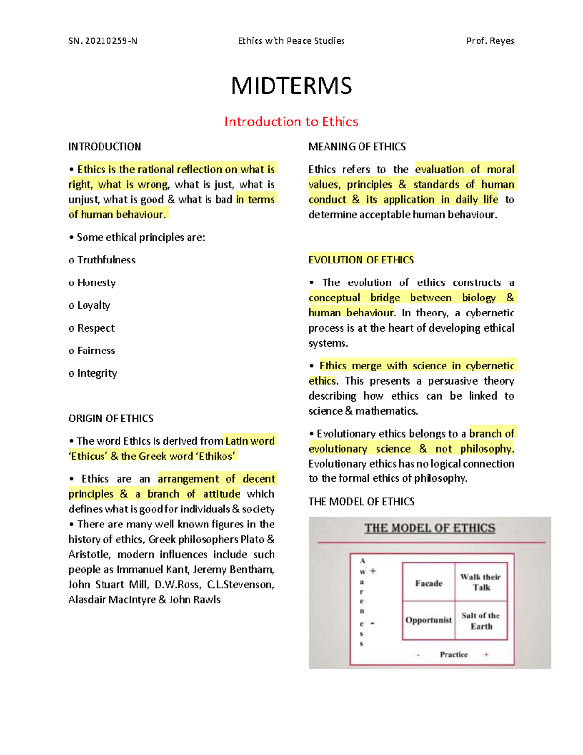 Ethics-Midterm Notes: Key Concepts and Theories Overview - Studocu