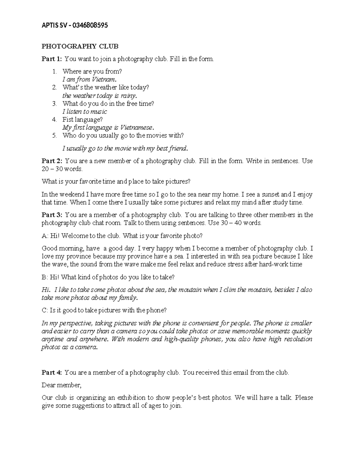 APTIS SV 0346808595 PHOTOGRAPHY CLUB: Member Interaction & Suggestions ...