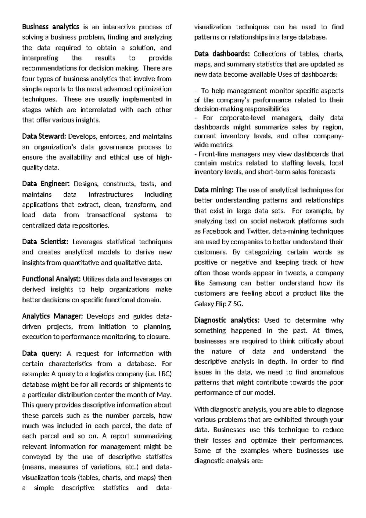 BANA Midterm Review - Key Concepts in Business Analytics - Studocu