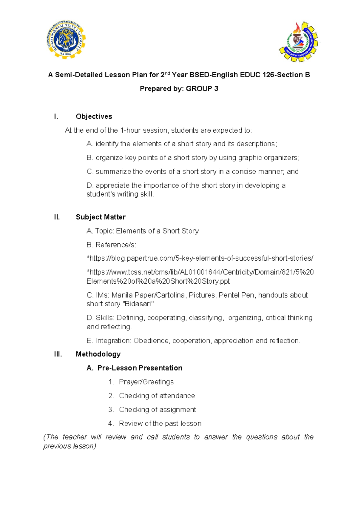 Semi-Detailed Lesson Plan on Short Story Elements for EDUC 126-B - Studocu