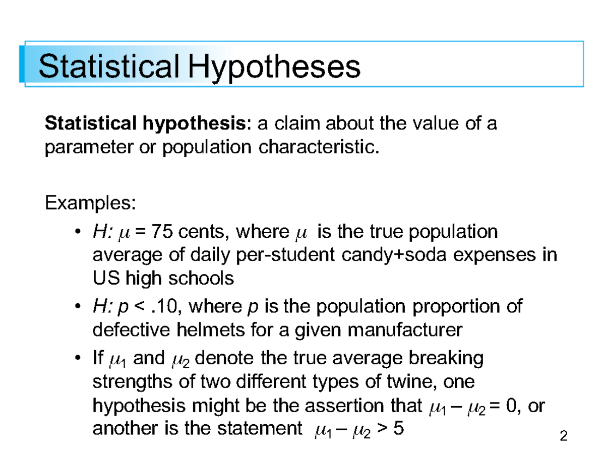 Statistical Hypotheses: Understanding Null and Alternative Claims - Studocu