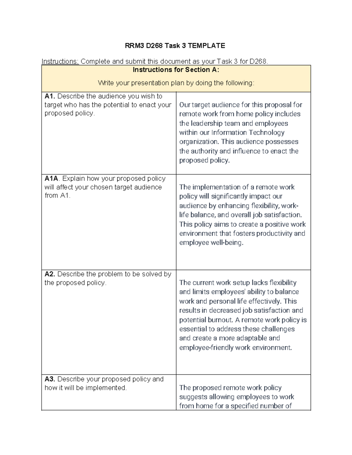 RRM3 D268 Final Task 3: Remote Work Policy Proposal Plan - Studocu