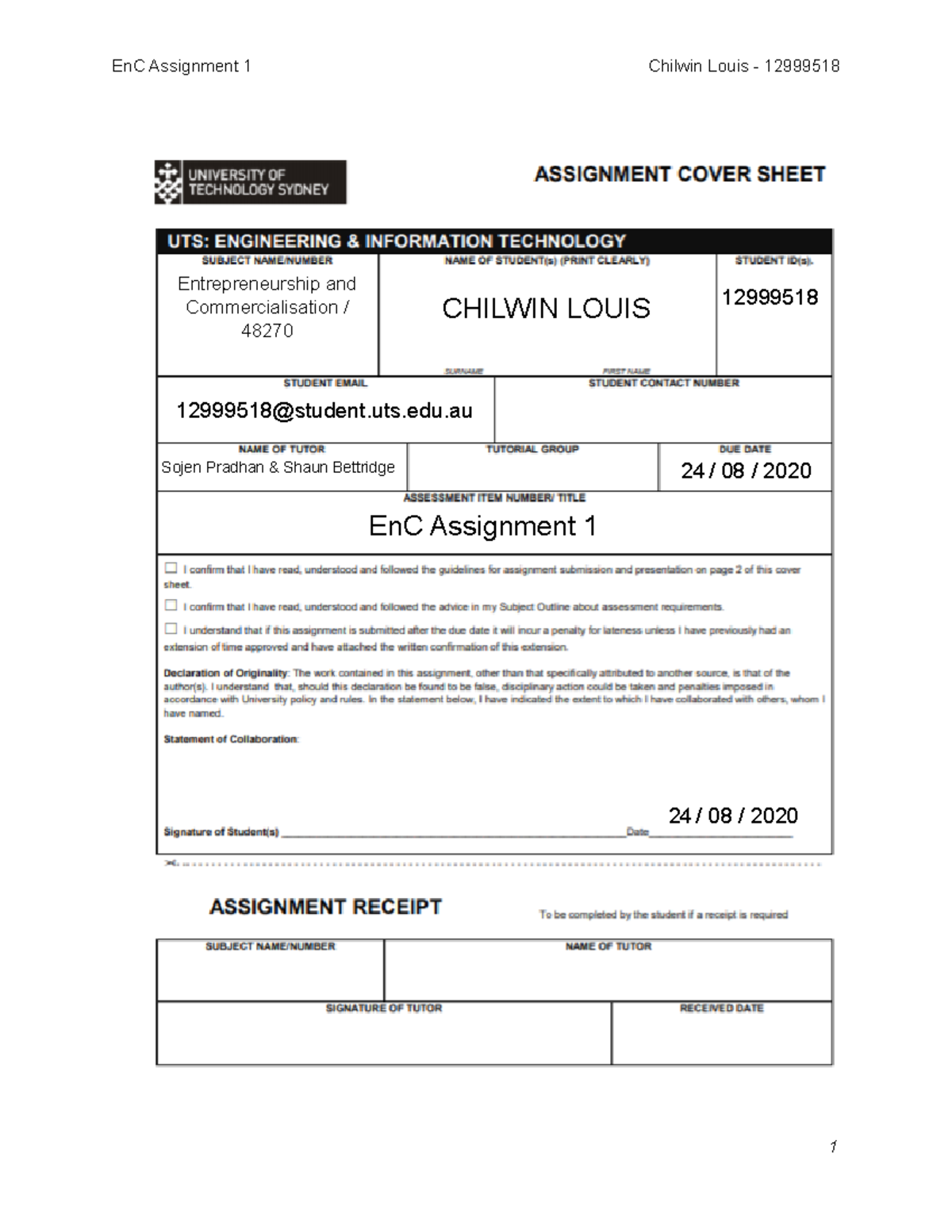 En C assignment 1 - Entrepreneurship and Commercialisation / 48270 ...
