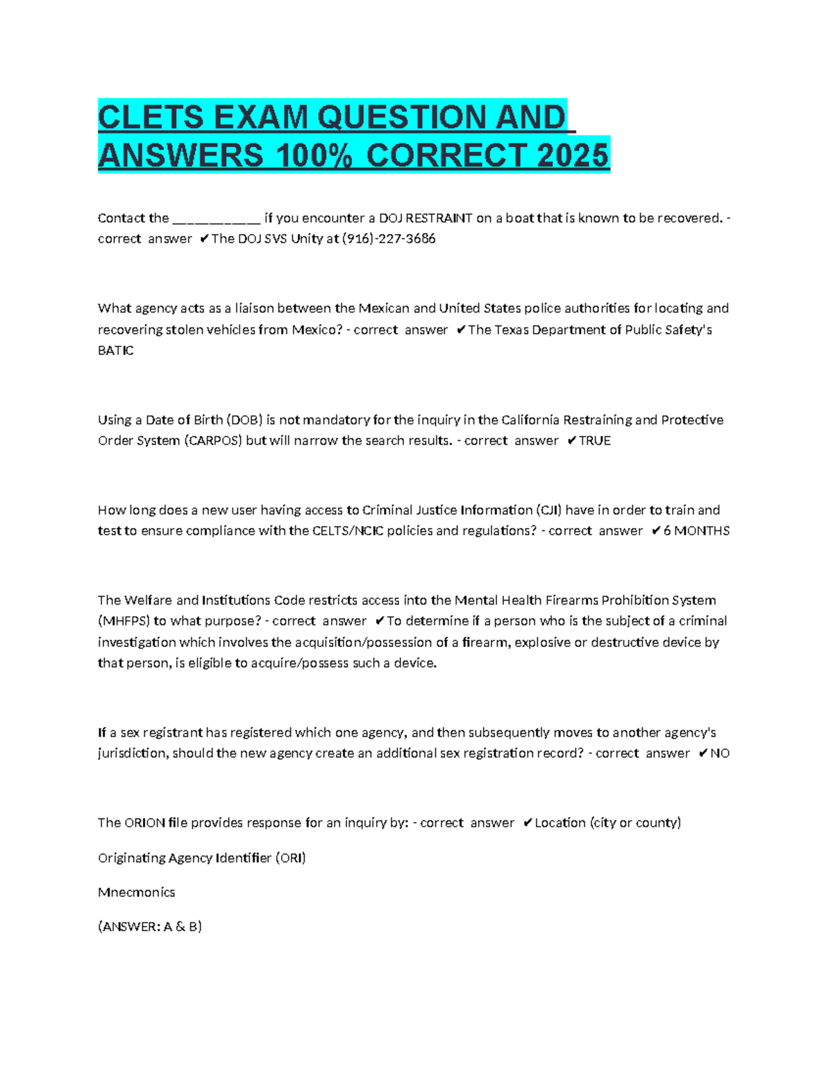 CLETS EXAM Q&A 2025: Key Insights and Correct Responses - Studocu