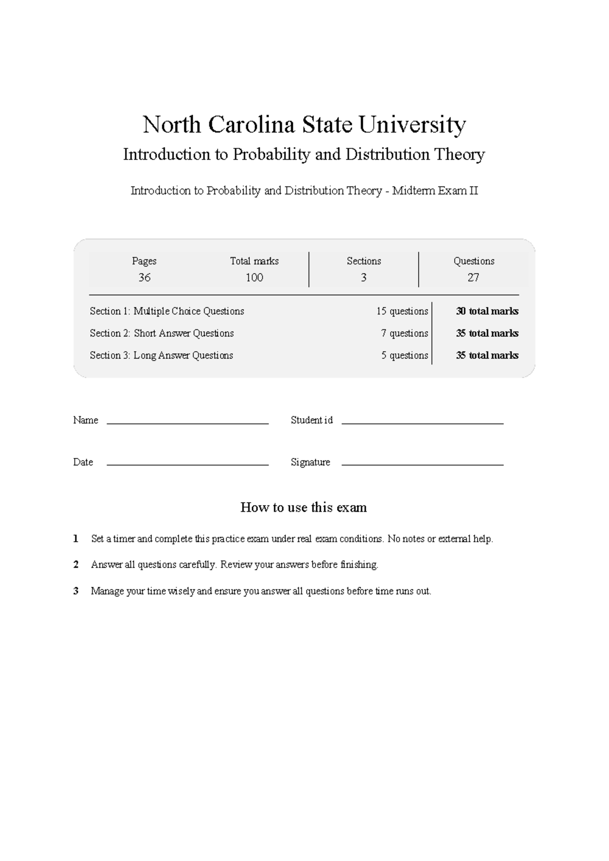 ST 371 Midterm Exam II Practice Test: Probability & Distribution Theory ...