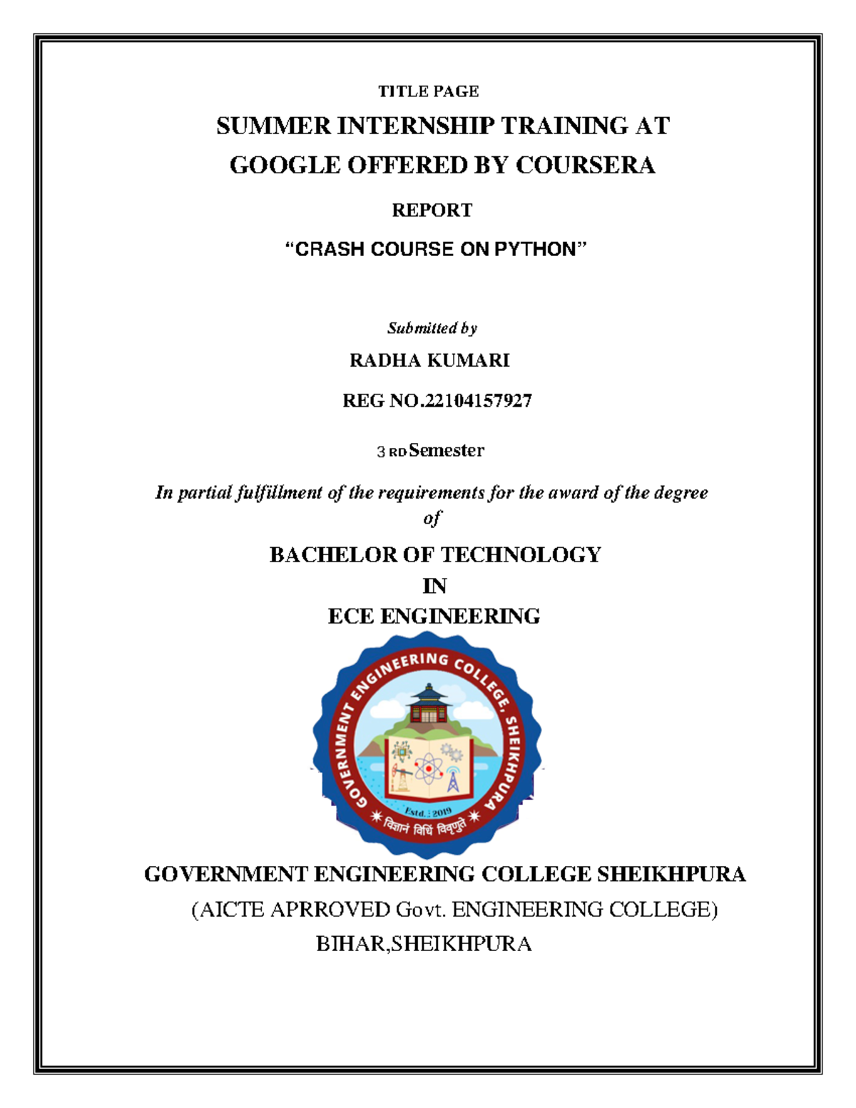 Report on Python Programming: Internship Training at Coursera (ECE 3rd ...