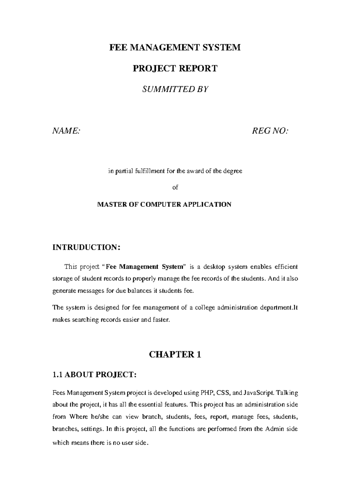 Fee Management System Project Report - MCA Final Submission - Studocu
