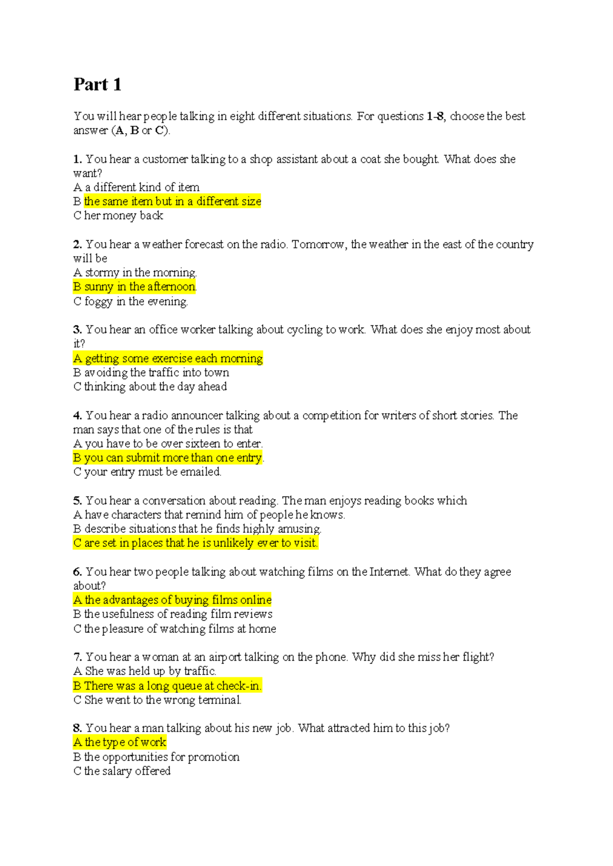 FCE Listening Test One: Practice Questions and Answers - Studocu