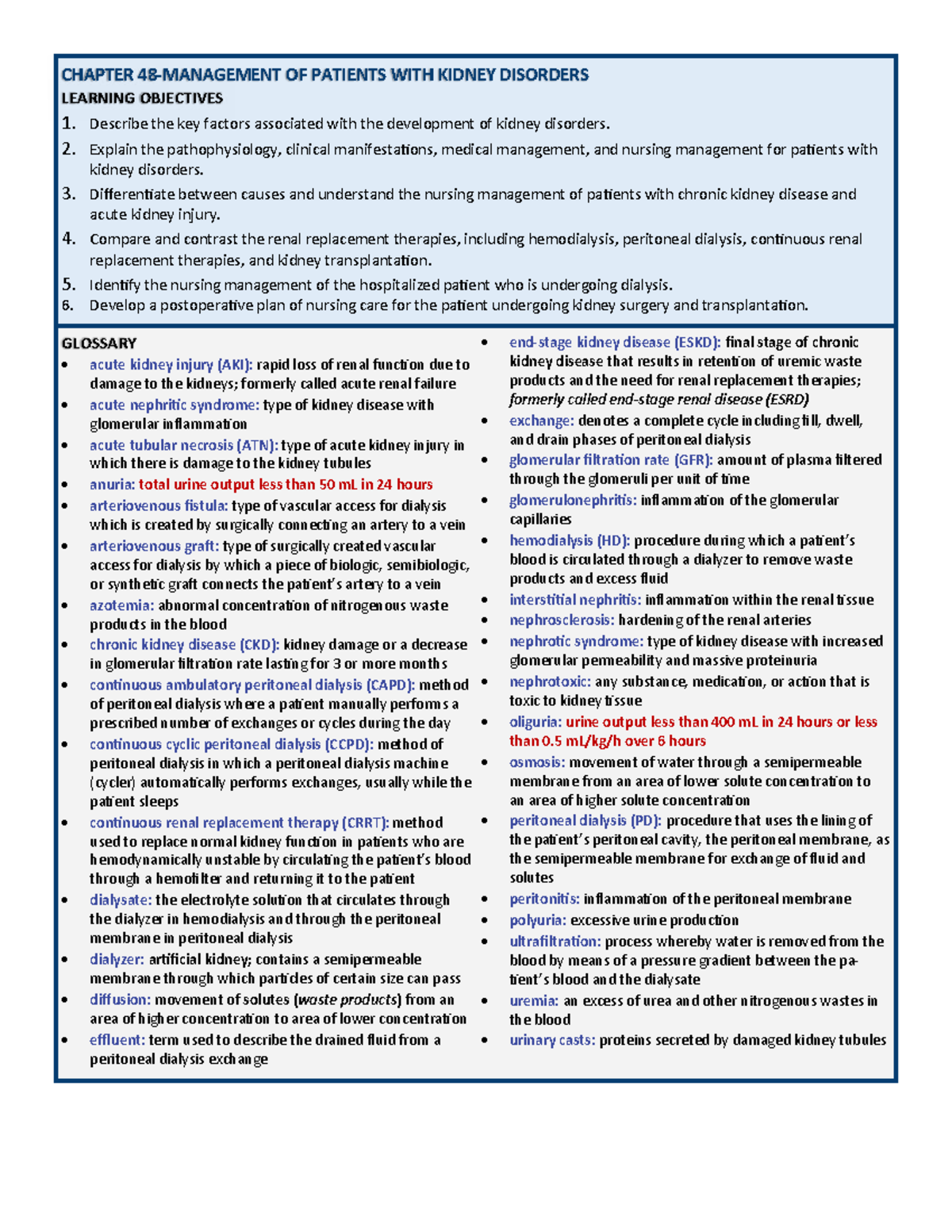 ADN 3 - Chapter 48: Management of Patients with Kidney Disorders - Studocu