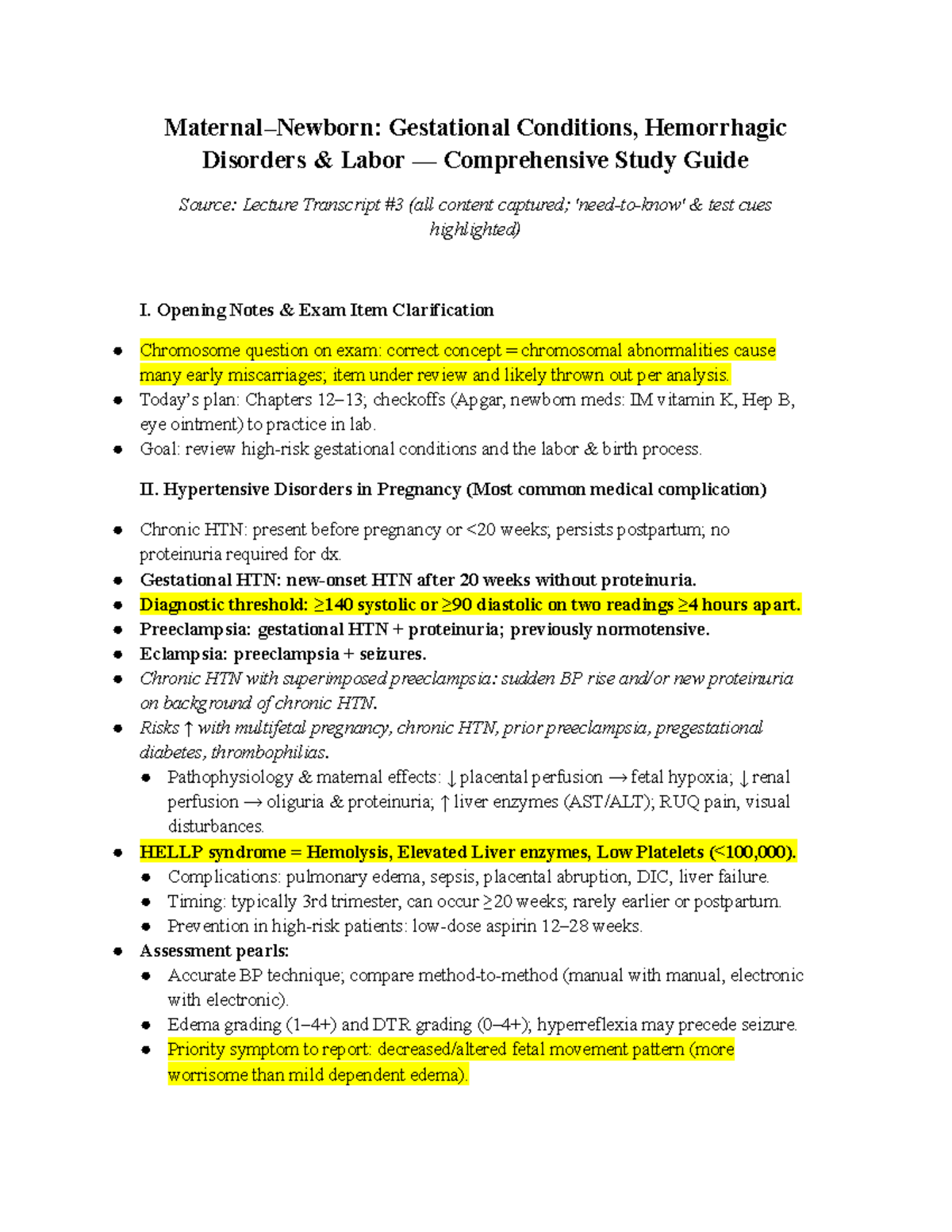 Maternal Newborn (NUR 123) Gestational Conditions & Labor Study Guide ...