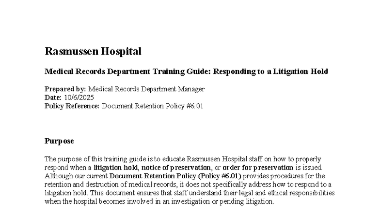 Rasmussen Hospital Training Guide: Responding to Litigation Holds - Studocu