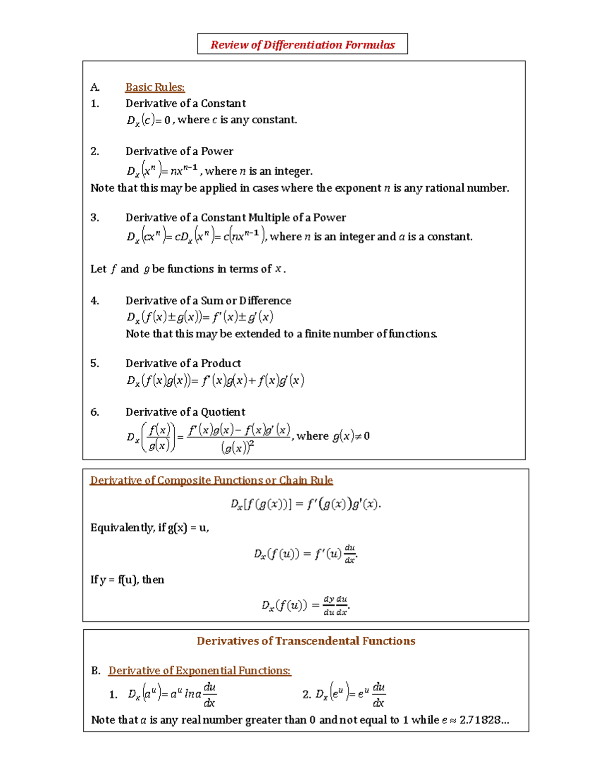 Review of Differentiation Formulas - Basic Rules: Derivative of a ...