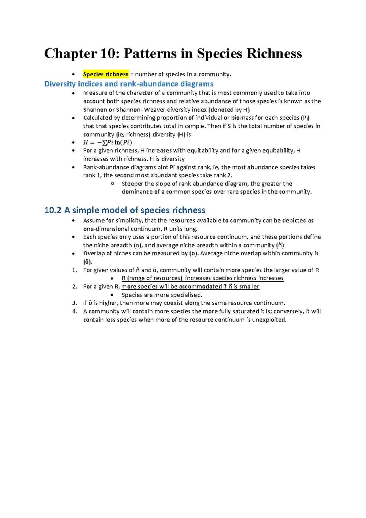 Chapter 10: Exploring Patterns of Species Richness in Ecology - Studocu