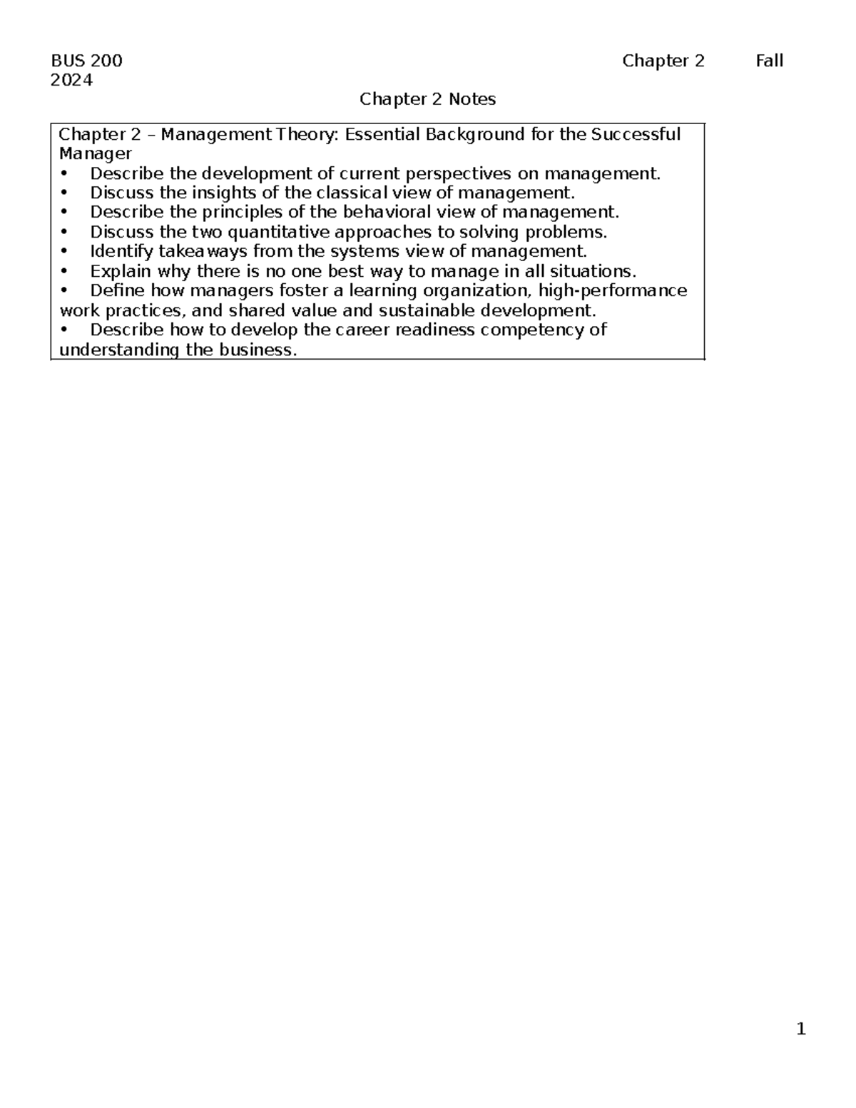 BUS 200 Chapter 2 Notes: Management Theories and Practices Overview ...