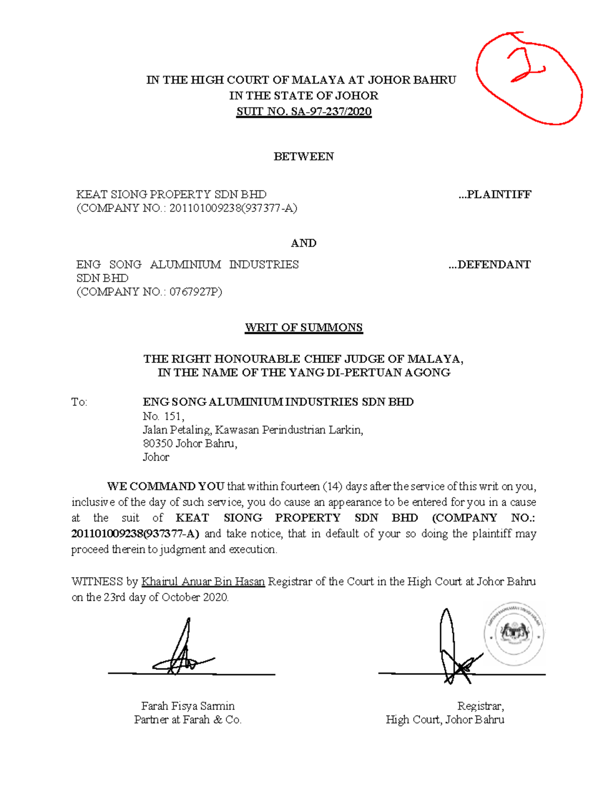 Writ of Summons Example - Pleading Document (Court Case SA-97-237 ...