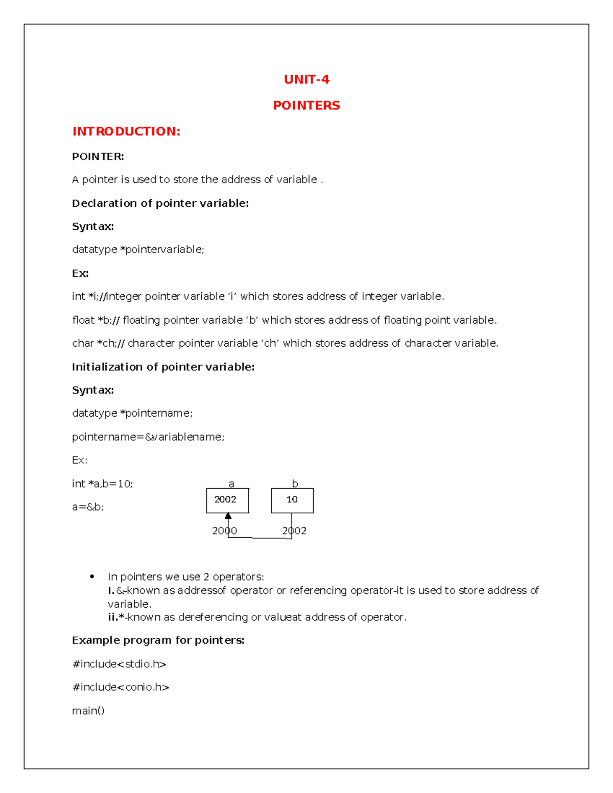 UNIT-4 - unit 4 - UNIT- POINTERS INTRODUCTION: POINTER: A pointer is ...