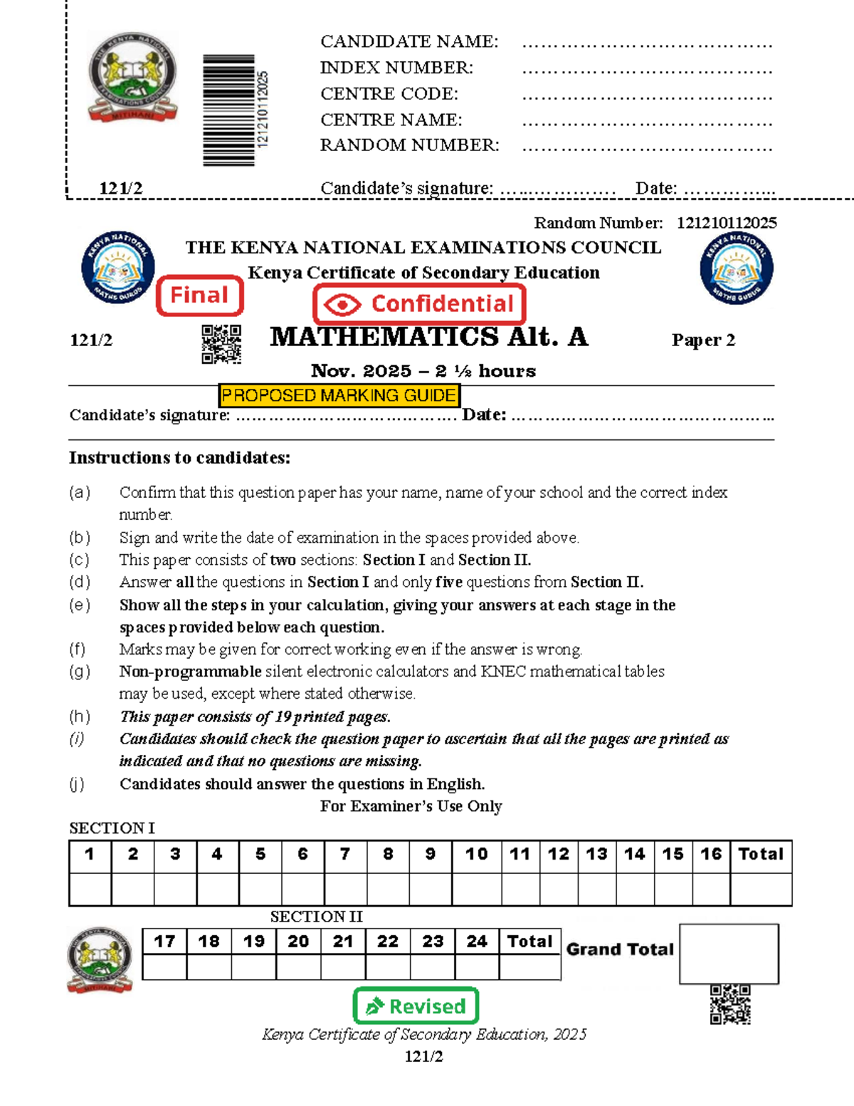 K.C.S.E. Mathematics Alt. A Paper 2 Marking Guide 2025 - Studocu