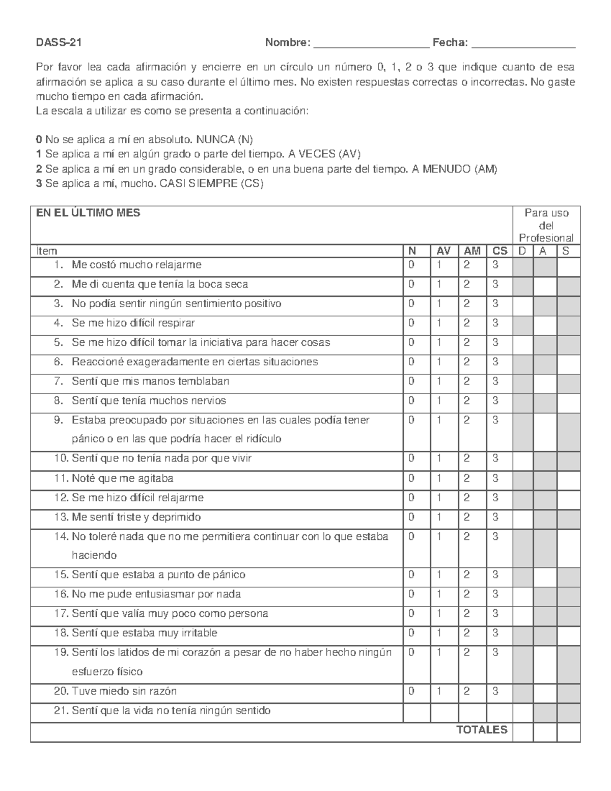 Hoja de Respuestas - DASS 21: Evaluación de Ansiedad y Depresión - Studocu