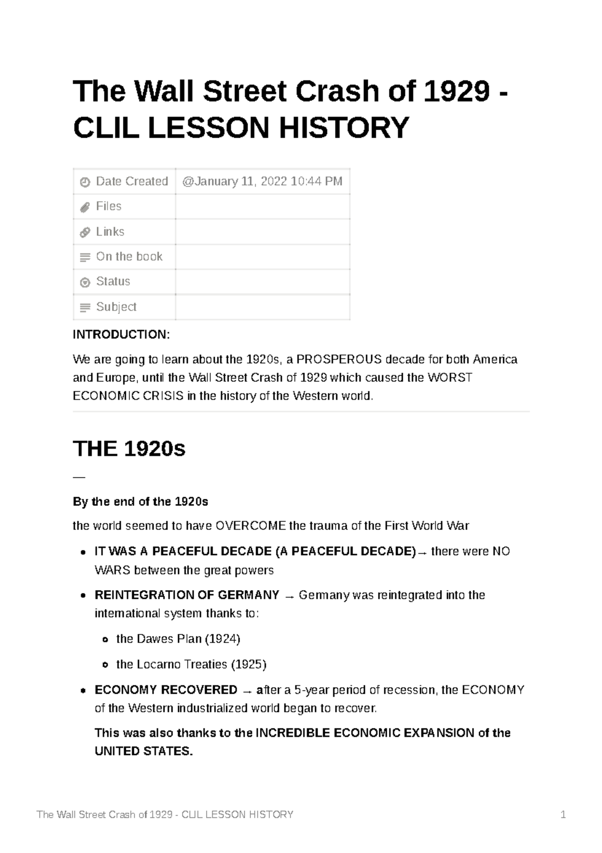 The Wall Street Crash of 1929 - CLIL History Lesson Notes - Studocu