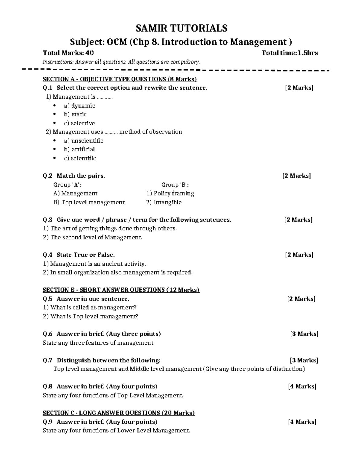 OCM 40 Marks Management Question Paper - Chp 8: Intro to Management ...