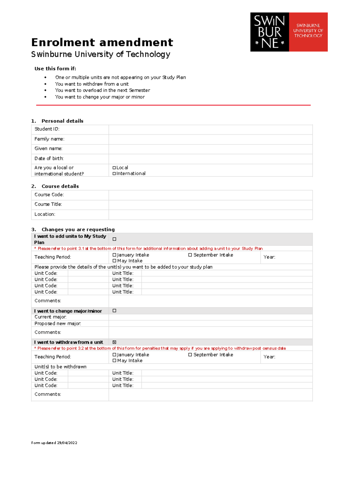 Amendment to enrolment 2023 - SV - Enrolment amendment Swinburne ...