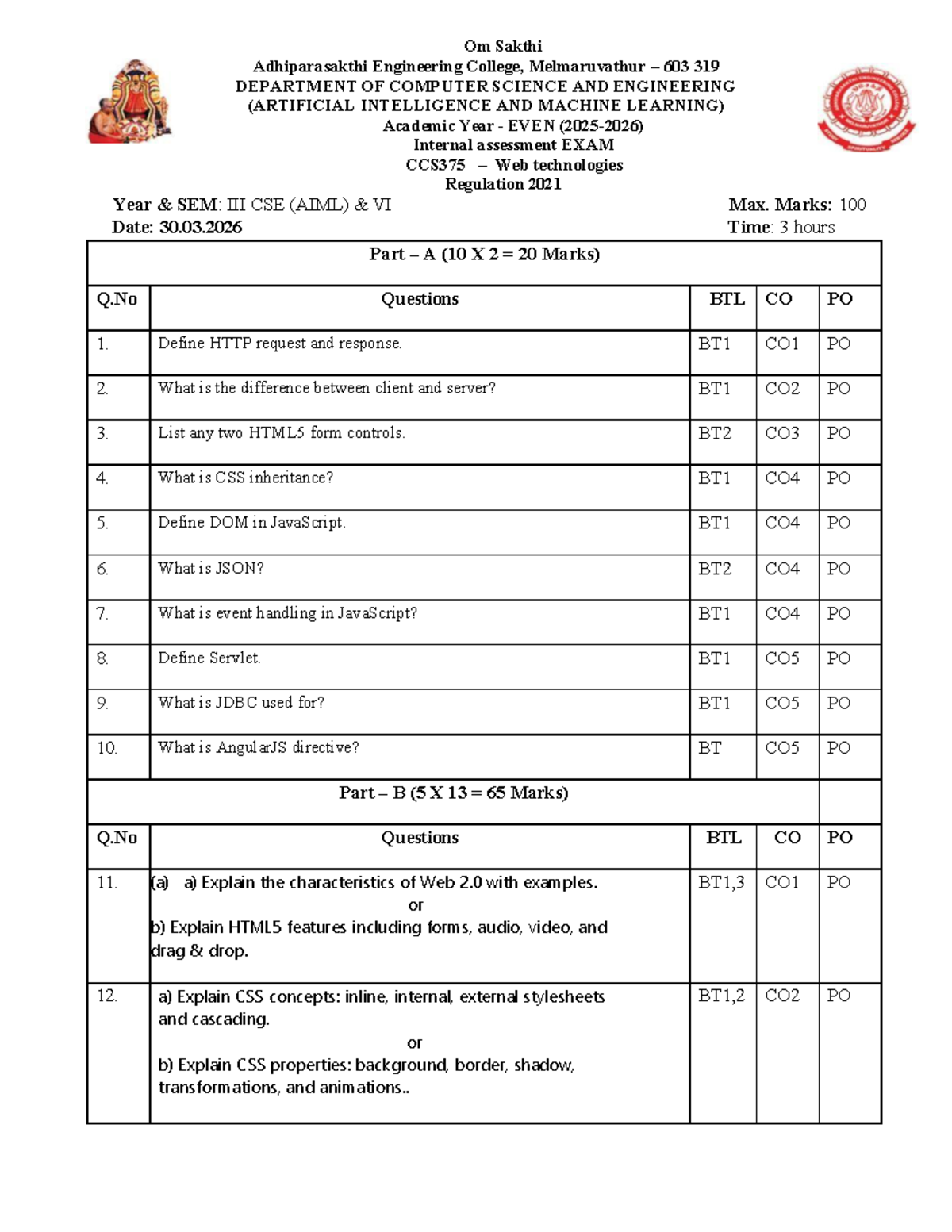 CCS375 - Web Technologies Internal Assessment Test 1 Question Paper ...