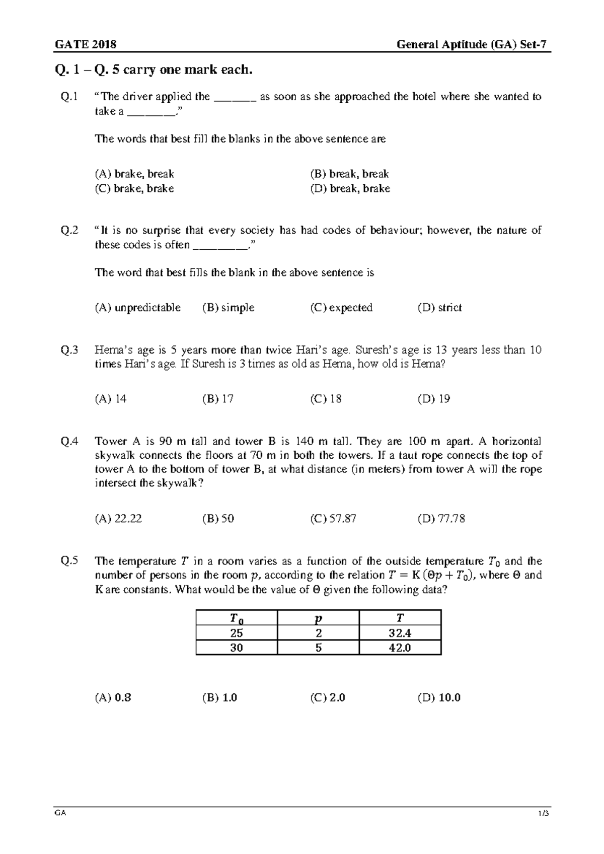 CE1-2018 - DDD - GATE 2018 General Aptitude (GA) Set- 7 GA 1 / 3 Q. 1 ...