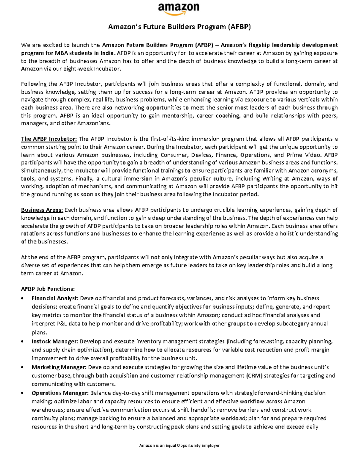 Amazon Future Builders Program (AFBP) Job Descriptions and ...