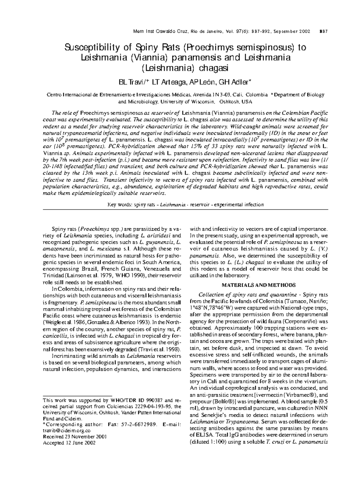Susceptibility of Proechimys semispinosus to Leishmania Infections ...