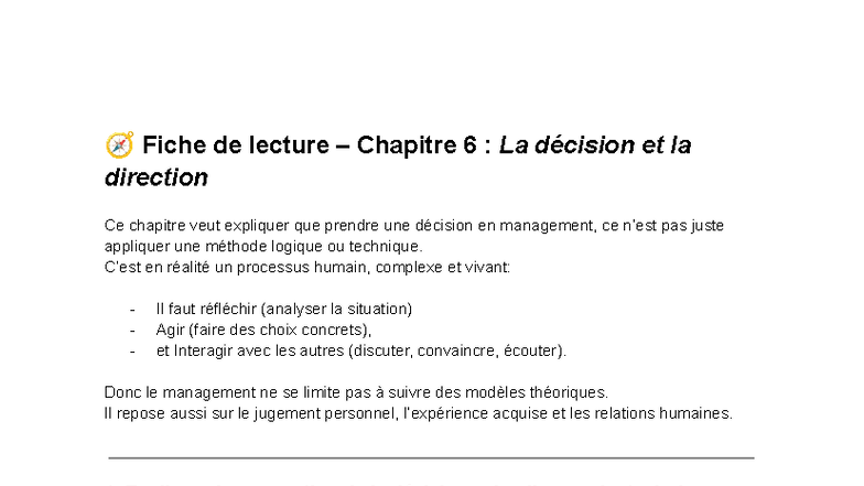Fiche de lecture - Chapitre 6 : La décision et la direction - Studocu