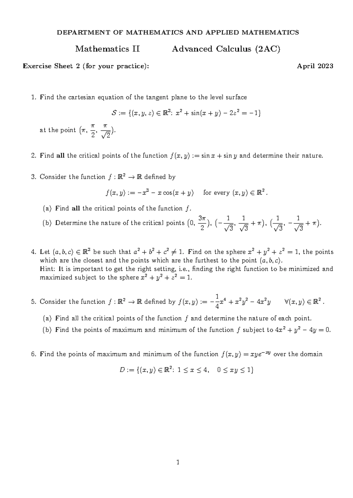 Mathematics II Advanced Calculus (2AC) - Solutions to Exercise Sheet 2 ...