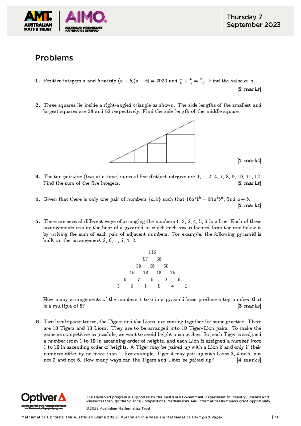 AIMO 2023: Australian Intermediate Mathematics Olympiad Problems - Studocu